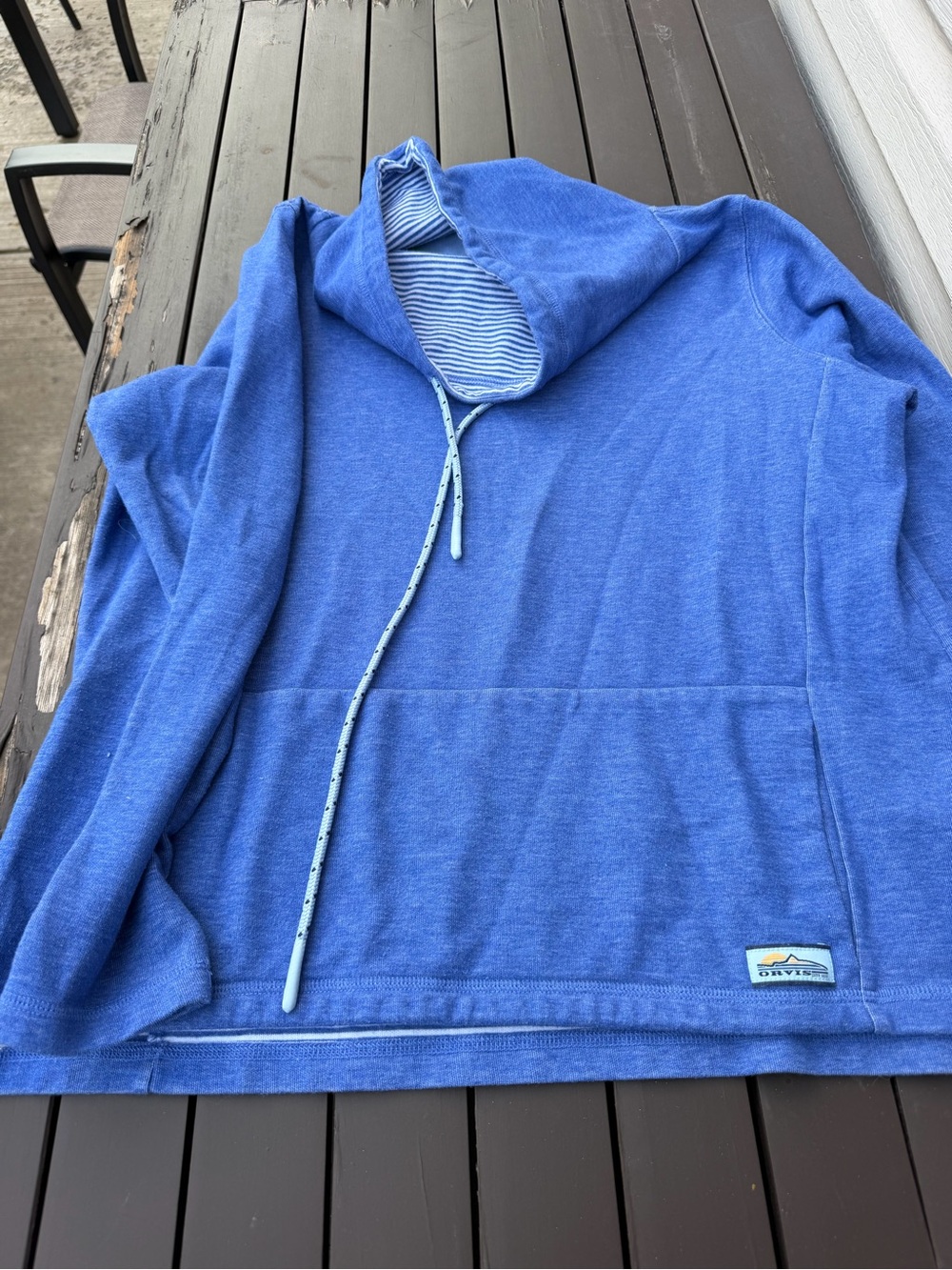 Orvis Cobalt Blue Hooded Pullover with Striped Hood Lining